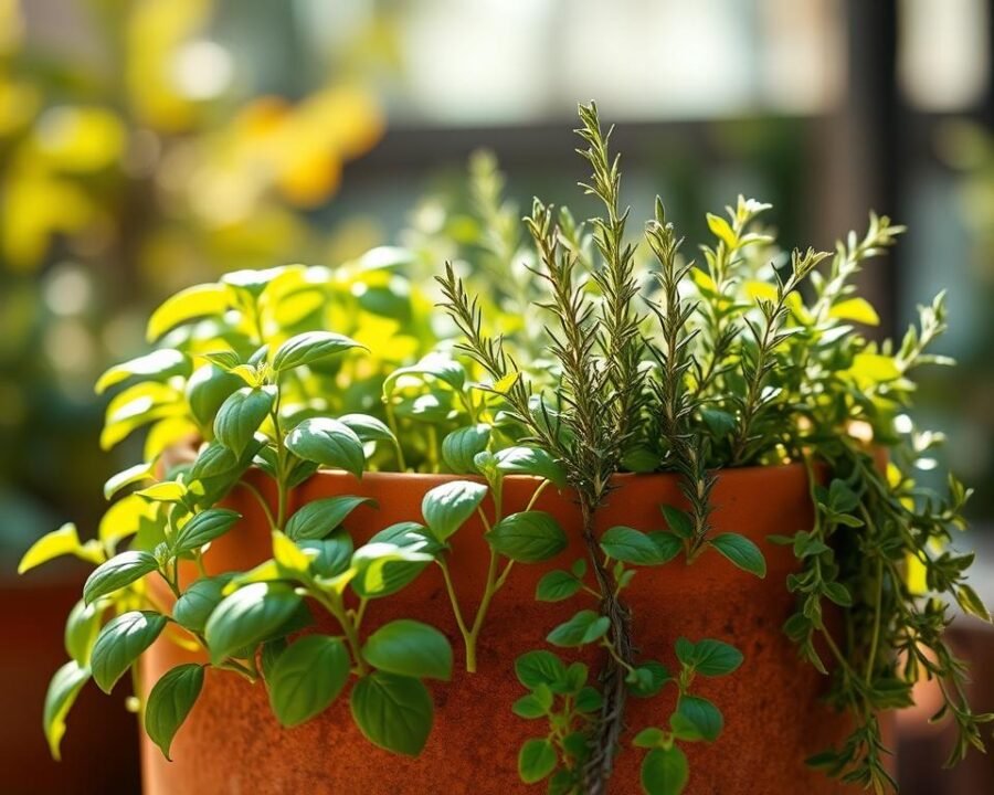 A carefully curated assortment of lush, vibrant herbs thriving in a rustic terracotta container. The foreground showcases a harmonious blend of fragrant basil, earthy rosemary, and delicate thyme, their verdant leaves gently swaying in the soft, natural lighting. The middle ground features a modern, minimalist pot, its warm, earthy tones complementing the verdant foliage. The background subtly hints at a serene, sun-dappled garden setting, creating a sense of tranquility and inspiration. Captured with a shallow depth of field, the image invites the viewer to immerse themselves in the beauty and practical potential of a thriving potted herb garden.