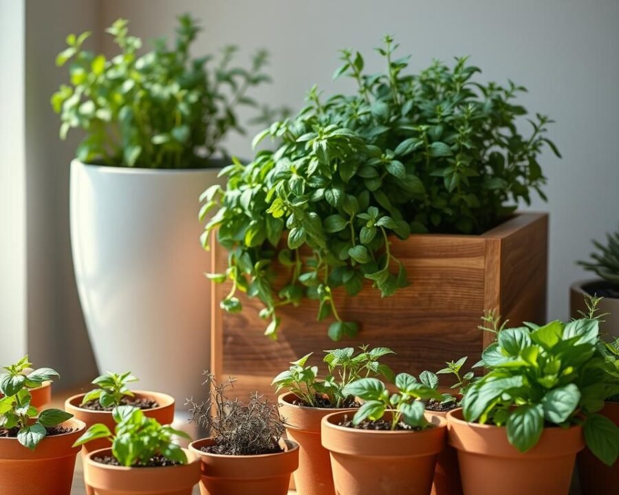 A carefully curated herb garden arranged in a variety of planters, showcasing the diverse sizes and shapes suitable for growing flavorful herbs. The foreground features a cluster of small terracotta pots, each housing a different herb like basil, thyme, and rosemary. In the middle ground, a larger wooden planter holds a thriving mint plant, its vibrant green leaves cascading over the edges. Behind them, a sleek, modern ceramic pot displays a lush, bushy oregano plant. Soft, natural lighting filters through the scene, creating a warm, inviting atmosphere that highlights the textures and hues of the healthy herbs. The overall composition emphasizes the importance of selecting the right planter size to accommodate the specific growth needs of each herb variety.
