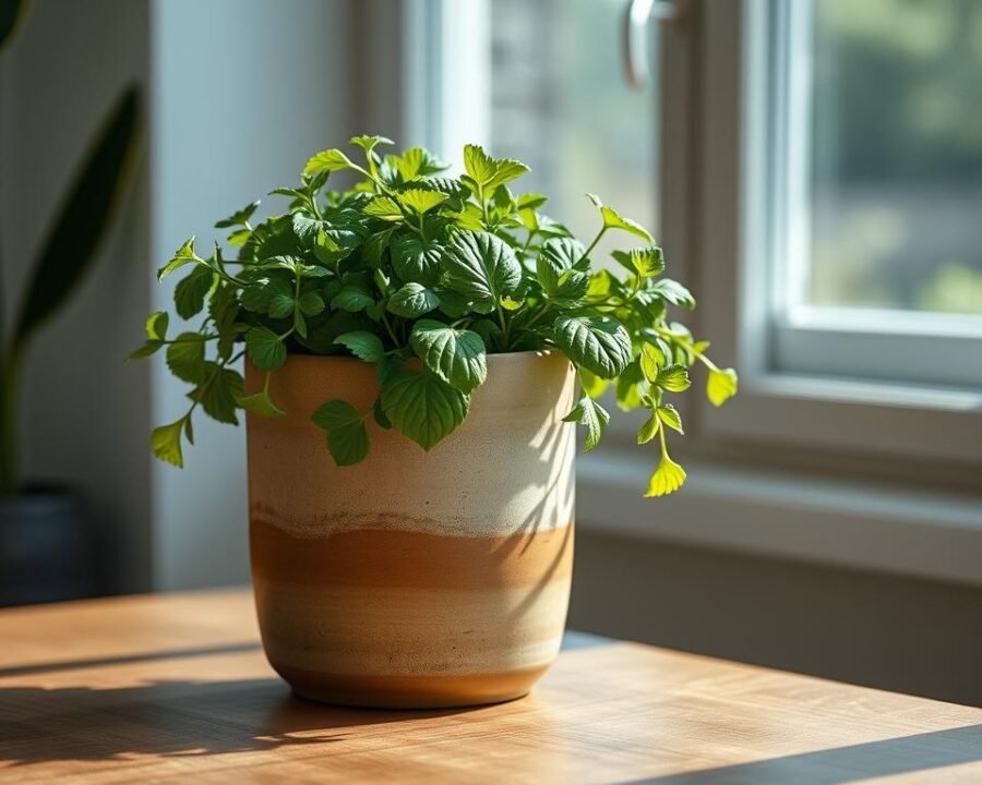 A ceramic herb planter sits on a wooden table, sunlight streaming through a nearby window. The planter is a classic cylinder shape, with a textured, earthy glaze in a warm, neutral tone. Lush, verdant herb leaves cascade over the rim, adding a vibrant pop of color. The composition is clean and minimalist, allowing the natural beauty of the ceramics and plants to shine. The lighting is soft and diffused, creating a serene, inviting atmosphere. A tilt-shift lens gently blurs the background, drawing the eye to the elegant, functional planter in the foreground.