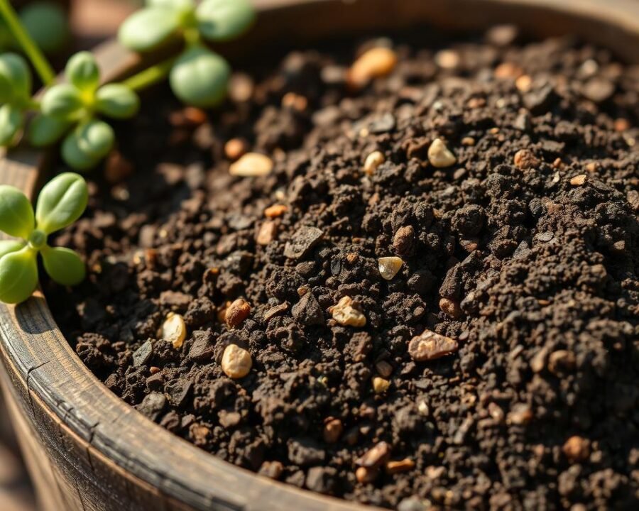 A close-up, detailed shot of a selection of fresh, organic herb potting soil mix in a rustic wooden planter. The soil is rich, dark, and crumbly, with flecks of decomposed organic matter and small pebbles visible. The texture is inviting, conveying a sense of fertility and nutrient-richness. Warm, natural lighting casts a soft, earthy glow across the scene, highlighting the soil's depth and complexity. The planter's rough-hewn wooden exterior provides a pleasing contrast to the soil's fine, delicate structure. The overall impression is one of natural abundance, readiness, and the promise of thriving herbs.