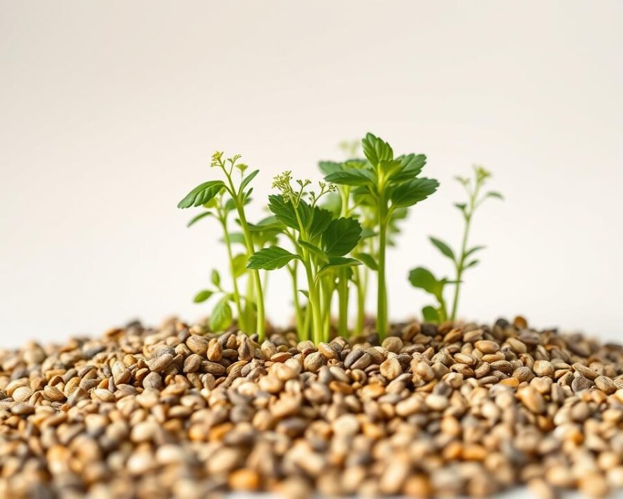 A close-up, detailed shot of an assortment of herb seeds and starter plants against a clean, minimalist background. The seeds are arranged in the foreground, displaying their various shapes, sizes, and colors, while the starter plants occupy the middle ground, showcasing their vibrant green leaves and delicate stems. The lighting is soft and diffused, creating a warm, natural atmosphere that accentuates the organic textures and tones of the botanical elements. The composition is balanced and symmetrical, with a sense of order and intentionality that reflects the care and attention required for successful herb gardening. The overall mood is one of freshness, vitality, and the promise of flavorful, homegrown herbs.