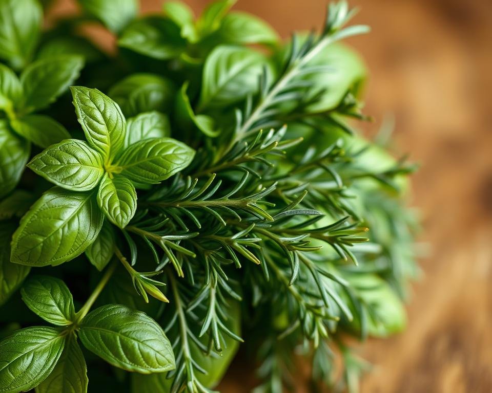 A close-up, high-resolution photograph of a fresh bundle of vibrant green basil and rosemary herbs. The herbs are arranged neatly, with the lush, glossy leaves and delicate stems filling the frame. The lighting is soft and natural, creating a warm, inviting atmosphere. The image is captured from an angle that highlights the textures and details of the herbs, emphasizing their freshness and vibrancy. The background is blurred, placing the focus solely on the herbs and creating a minimalist, culinary-inspired composition.