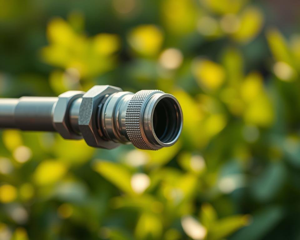 A close-up, high-resolution photograph of a metal garden hose connector in the foreground, with a sharp focus and warm, natural lighting. The connector should be positioned against a blurred, out-of-focus background of lush, green foliage, suggesting a tranquil garden setting. The connector should be rendered in intricate detail, showcasing its various components and textures, such as the threaded ends, the metal body, and any visible washers or gaskets. The image should convey a sense of quality, durability, and functionality, highlighting the importance of this essential gardening tool.