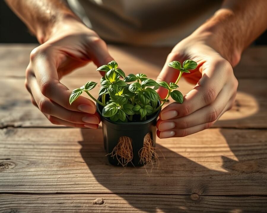 A close-up, high-resolution photograph of a person's hands carefully separating basil seedlings from a small container, revealing their delicate root systems. The seedlings are placed on a wooden surface with a neutral background, allowing the natural colors and textures of the plants to stand out. Warm, soft lighting casts gentle shadows, creating a sense of depth and dimension. The composition is balanced, with the seedlings positioned to highlight their unique features and the care being taken in the process. The overall mood is one of attention to detail, nurturing, and the joy of gardening.