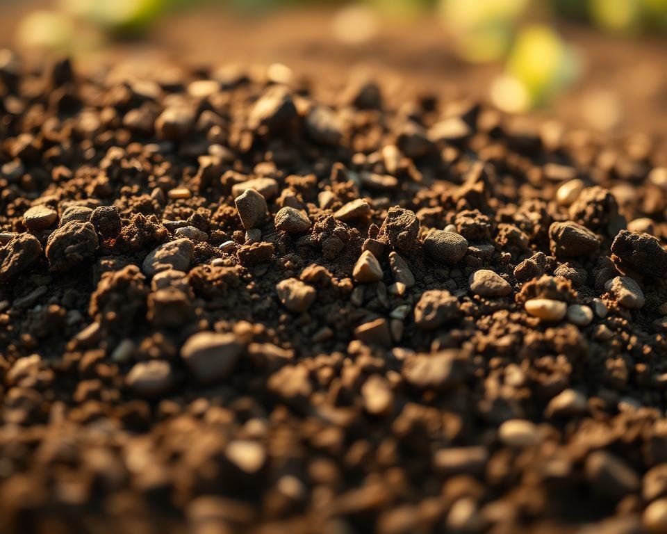 A close-up, high-resolution photograph of a rich, dark brown soil blend with visible organic matter and small pebbles, set against a soft, out-of-focus background. The soil is well-aerated and has a crumbly texture, indicating optimal drainage and nutrient content for a thriving herb garden. Warm, natural lighting from the side creates gentle shadows and highlights the soil's earthy tones. The image is captured at a slight angle, emphasizing the texture and depth of the soil. The overall mood is one of fertile, healthy soil ready to nourish a bountiful herb garden.