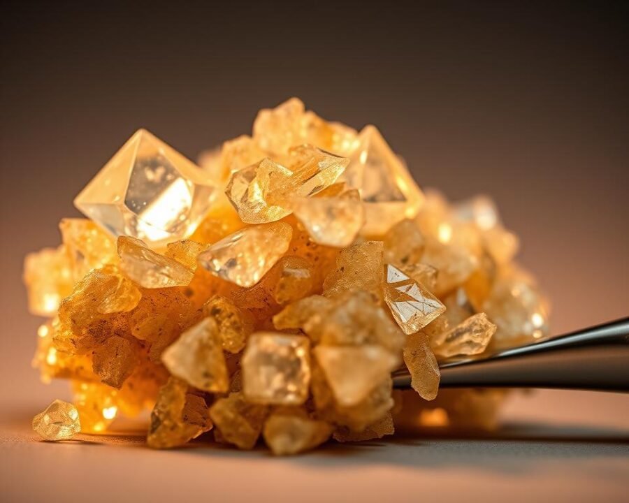 A close-up macro shot of crushed live resin diamond crystals, their faceted surfaces reflecting warm, diffused lighting from an angled soft box. The diamonds are nestled atop a metal dab tool, the tool's metallic sheen adding depth and contrast. The composition emphasizes the intricate structure and radiant translucence of the resin, capturing its essence as a premium cannabis concentrate. The background is a muted, neutral tone, allowing the diamonds to be the central focus. The overall mood is one of refined sophistication and attention to detail, befitting the "Enhanced Experience" theme.