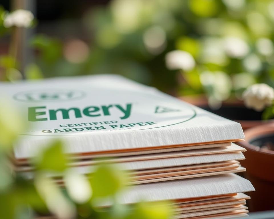A close-up of a stack of "Emery Certified Garden Paper" products, with a soft, natural lighting and a shallow depth of field. The paper has a textured, eco-friendly appearance, and the packaging showcases the Emery certification logo prominently. The background is blurred, creating a sense of focus on the product. The image conveys a sense of quality, sustainability, and practical application in a gardening setting.