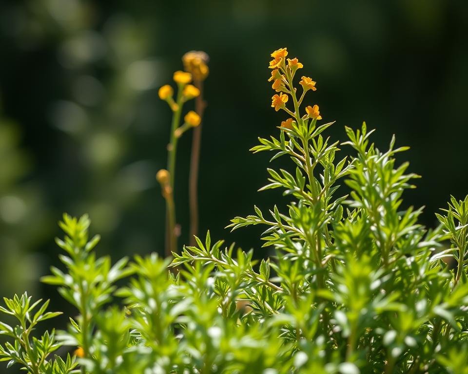 A close-up photograph of a thriving rue plant, its lush green leaves gently swaying in soft, natural lighting. The plant is positioned in the foreground, its intricate foliage filling the frame. In the middle ground, a few slender stems with delicate yellow flowers emerge, adding a touch of vibrant color. The background is blurred, creating a sense of depth and focus on the captivating details of the rue plant. The image conveys a sense of tranquility and the careful, nurturing care required to maintain a healthy, flourishing rue herb.