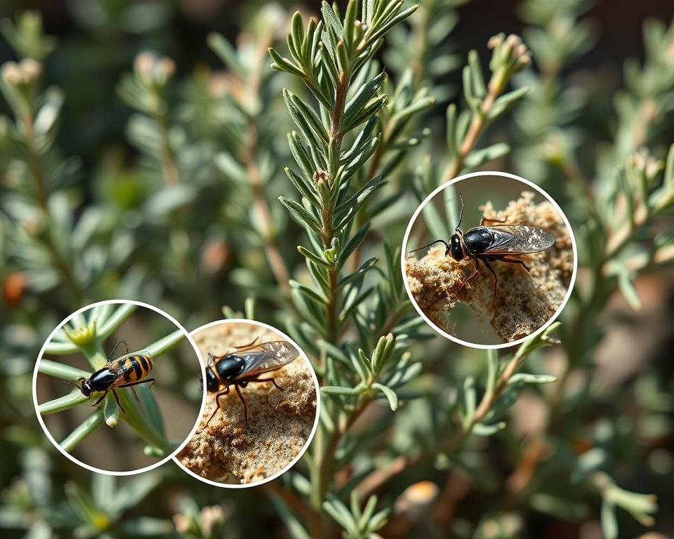 A close-up photograph of common rosemary plant pests and diseases, showcasing a thriving rosemary plant in the middle ground with magnified views of problematic insects, fungus, and discolored leaves in the foreground. The image should be captured under natural lighting, with a shallow depth of field to emphasize the details. Convey a sense of scientific investigation and problem-solving, with a neutral, educational tone to support the "Troubleshooting Common Rosemary Problems" section of the article.