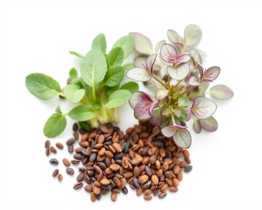 A close-up photograph of oregano seeds and young oregano plant transplants, side by side, set against a crisp white background with soft, even lighting from above. The oregano seeds are clearly visible, small and dark brown, while the transplants display lush, verdant leaves with delicate purple hues. The composition emphasizes the contrast between the tiny seeds and the established plants, capturing the journey of growing oregano herbs from the very beginning. The image conveys a sense of natural simplicity and the joy of nurturing herbs from seed to harvest.