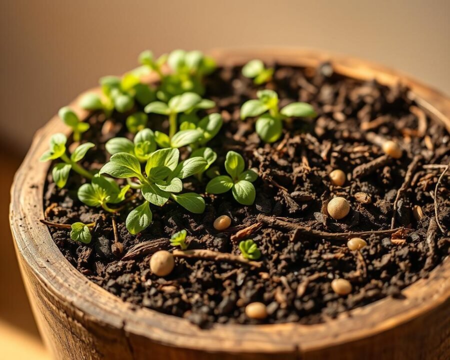 A close-up shot of a beautifully layered herb soil mix in a rustic wooden planter. The rich, dark soil is flecked with vibrant green herbs, their delicate leaves gently unfurling. The soil's texture is visibly loamy and nutrient-dense, with small pebbles and twigs adding visual interest. Soft, diffused natural light casts warm, golden tones across the scene, creating a serene, inviting atmosphere. The planter is set against a simple, neutral background, allowing the soil's intricate details to take center stage. This image captures the essential elements for cultivating a thriving herb garden in the comfort of one's own home.