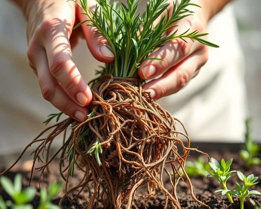 A close-up shot of a gardener's hands carefully dividing the tangled roots of a healthy herb plant, such as rosemary or thyme, against a soft, blurred background. The roots are thick and fibrous, with a rich, earthy color. Bright, natural lighting illuminates the scene, casting gentle shadows and highlighting the delicate texture of the roots. The gardener's fingers gently separate the roots, demonstrating the precision and care required to prepare the plant for successful transplantation. The overall mood is one of focused, mindful attention to the task at hand, reflecting the importance of this step in growing thriving herb plants.
