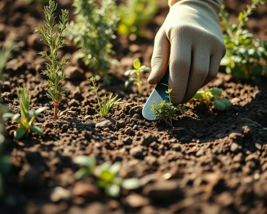 A close-up shot of a person's hands carefully planting various aromatic herbs like rosemary, thyme, and oregano in a well-lit garden bed. The soil is rich and dark, with a soft, crumbly texture. The planter wears gardening gloves and uses a small trowel to create shallow holes, gently placing each plant and patting the soil firmly around the roots. The background is blurred, showcasing the focused, meticulous nature of the task. Warm, natural sunlight bathes the scene, creating a serene, inviting atmosphere for the viewer to imagine themselves as the skilled, experienced herb planter.