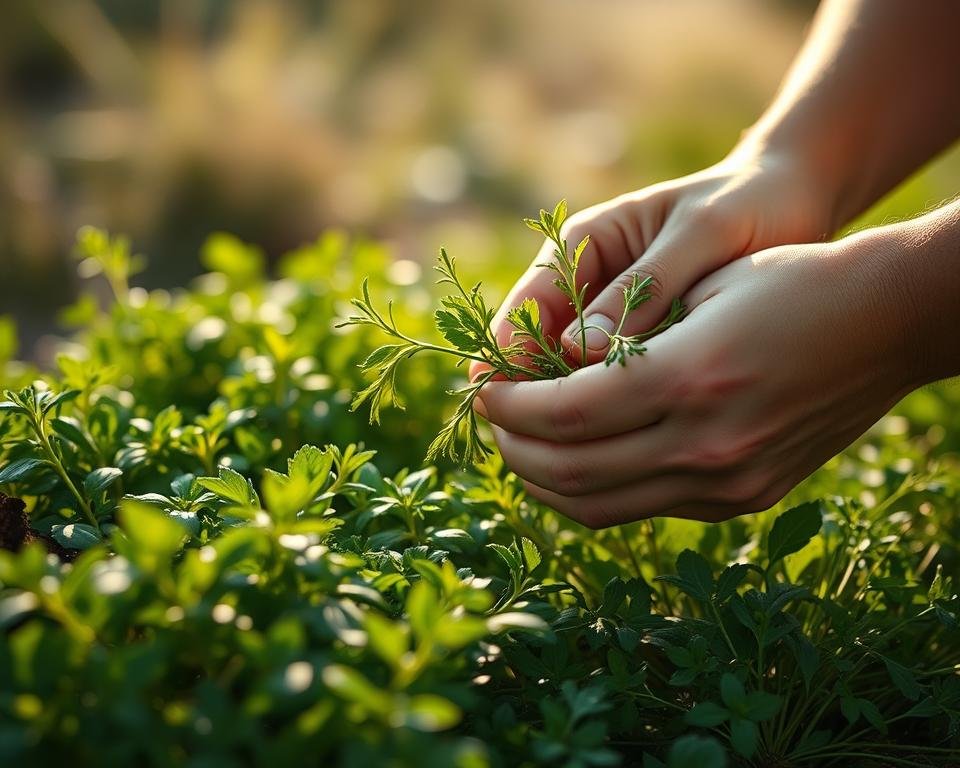 A close-up shot of a person's hands carefully pruning fresh herb sprigs, with lush green foliage filling the middle ground and a softly blurred, natural background. Gentle natural lighting illuminates the scene, casting a warm, earthy glow. The composition emphasizes the delicate, focused task of trimming the herbs, inviting the viewer to appreciate the nurturing process of cultivating healthy, vibrant plants. The overall mood is one of tranquility, patience, and the joy of gardening.