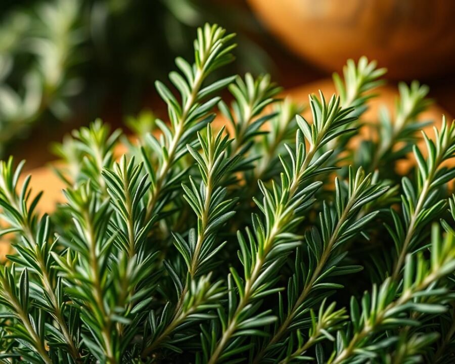 A close-up shot of an array of fresh rosemary sprigs, their needle-like leaves glistening in warm, natural lighting. The rosemary is the focal point, surrounded by a blurred, out-of-focus background hinting at a well-stocked kitchen countertop or wooden cutting board. The overall composition emphasizes the herb's aromatic and versatile qualities, conveying a sense of culinary inspiration and the vibrant flavors it can bring to a wide range of dishes.