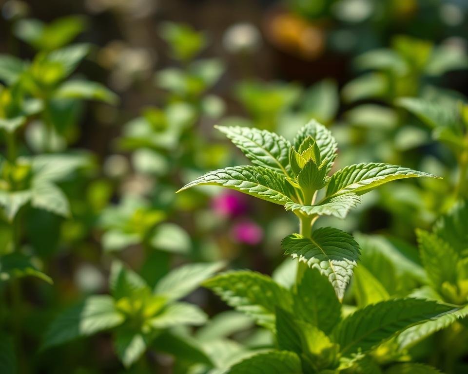 A close-up shot of lush green lemon balm leaves, their serrated edges and vibrant hues captured in natural daylight. In the background, a blurred yet recognizable herbal garden setting, with hints of other medicinal plants. The lighting is soft and diffused, accentuating the delicate textures and aromas of the lemon balm. The composition emphasizes the plant's essential oils and compounds, highlighting its therapeutic properties. The overall mood is one of calm, tranquility, and the restorative power of nature's remedies.