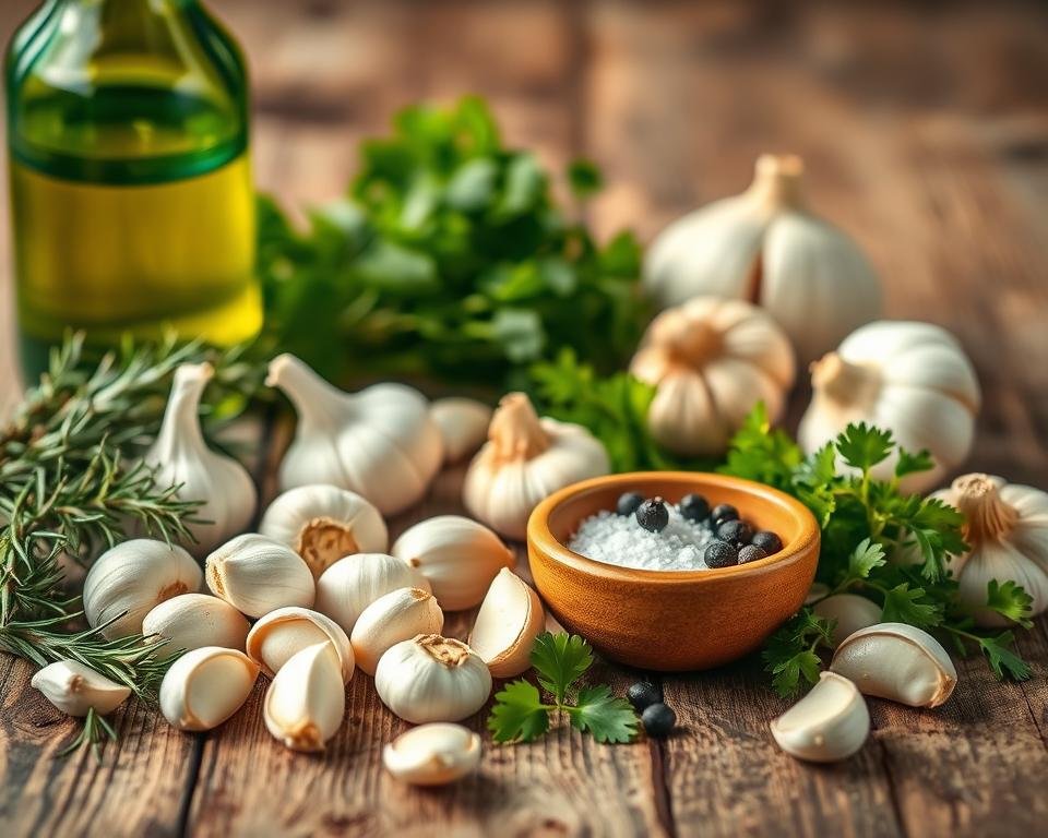 A close-up shot of various fresh ingredients for a garlic herb sauce, neatly arranged on a rustic wooden surface. In the foreground, an array of whole garlic cloves, fresh herbs like rosemary, thyme, and parsley, and a vibrant green olive oil bottle. The middle ground features a small ceramic bowl filled with coarse sea salt and a few cracked black peppercorns. The background is softly blurred, allowing the ingredients to take center stage under warm, natural lighting, creating a welcoming, homemade ambiance.