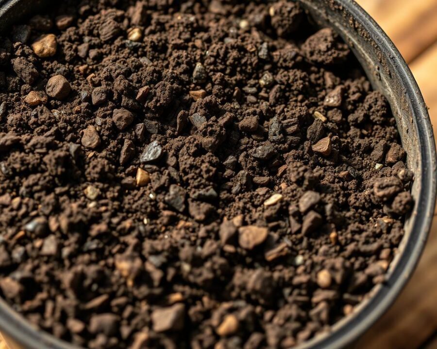 A close-up view of a container filled with rich, dark brown organic herb soil mix. The soil is teeming with nutrients, with visible bits of compost, perlite, and peat moss evenly distributed. Soft, natural lighting gently illuminates the texture and subtle variations in the soil's composition. The container is positioned on a wooden surface, creating a warm, earthy tone. The image conveys a sense of freshness, vitality, and the ideal foundation for a thriving raised herb garden.