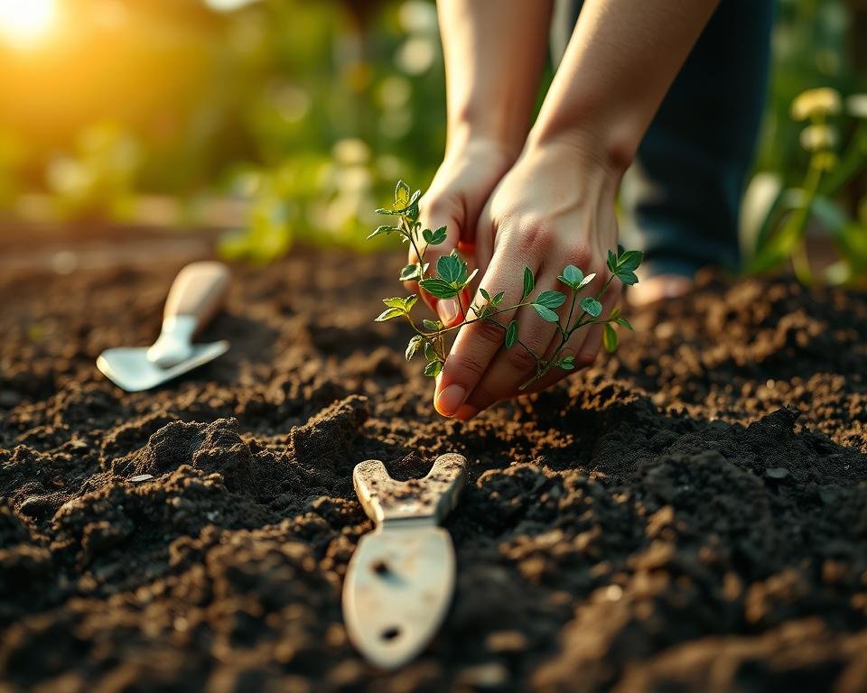 A close-up view of a person's hands carefully planting a French tarragon plant in rich, dark soil. The foreground shows the hands gently placing the tarragon seedling into the ground, with individual roots and leaves visible. The middle ground features a small garden trowel and some freshly dug soil. The background softly blurs to reveal a lush, green garden setting with other herbs and flowers in the distance, bathed in warm, golden natural lighting that casts a gentle glow on the scene.