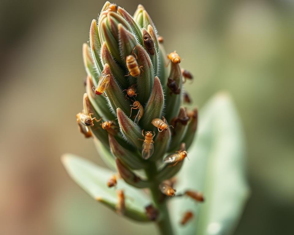A close-up view of a sage plant being attacked by common pests, showcased against a soft, blurred background. The pests, such as aphids, spider mites, and whiteflies, can be seen clearly infesting the leaves and stems, with their delicate forms and intricate details captured in sharp focus. The lighting is soft and diffused, creating a natural, organic atmosphere that emphasizes the vulnerability of the plant. The composition is balanced, with the sage plant occupying the central focus, while the pests are arranged in a visually interesting and informative manner. The overall mood is one of concern and awareness, highlighting the importance of identifying and addressing these common issues faced by gardeners growing sage.