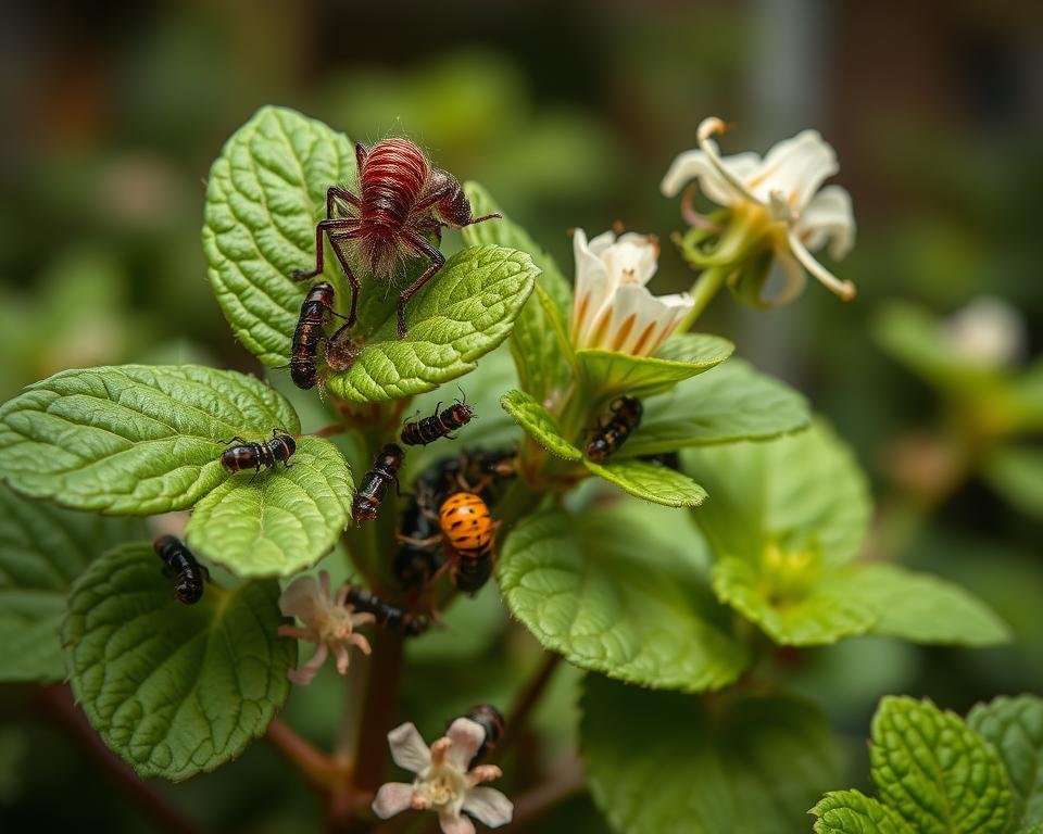 A close-up view of chocolate mint leaves, stems, and flowers being infested by a variety of pests, including aphids, spider mites, and caterpillars. The pests are crawling and feeding on the plant in a detailed, naturalistic manner, with a shallow depth of field that focuses the viewer's attention on the affected foliage. The lighting is soft and diffused, creating a warm, earthy tone that complements the colors of the plant and pests. The background is blurred, suggesting an outdoor setting, such as a garden or greenhouse, to reinforce the natural context.