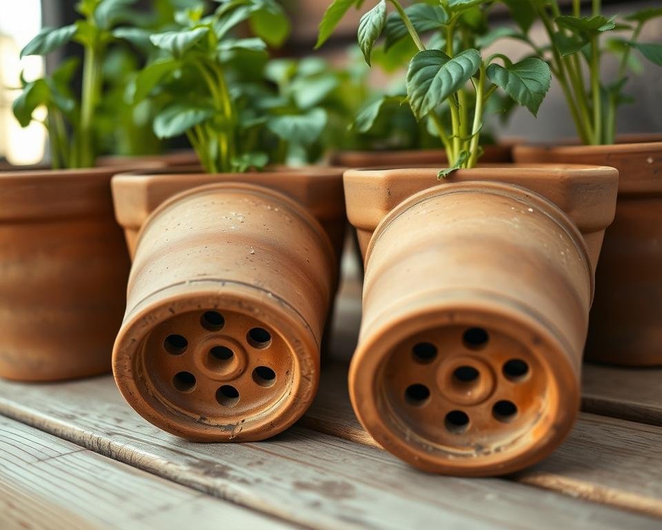 A close-up view of several herb containers, showcasing their drainage holes. The containers are arranged on a wooden surface, perhaps a garden bench or a potting table. The containers are made of terracotta or other natural materials, with visible drainage holes at the bottom. The lighting is soft and diffused, creating a warm, inviting atmosphere that highlights the textural details of the containers. The angle is slightly elevated, allowing the viewer to appreciate the thoughtful design of the drainage system and its importance for healthy herb growth. The background is blurred, keeping the focus on the containers and their essential drainage features.