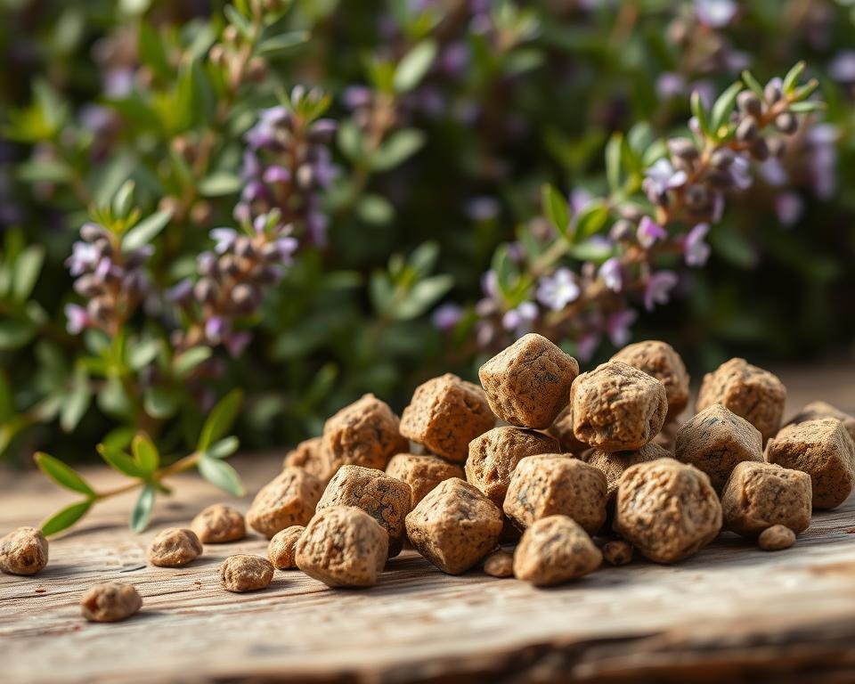 A close-up view of several organic fertilizer pellets made from natural ingredients like seaweed, bone meal, and bat guano. The pellets are arranged on a rustic wooden surface, with soft, diffused lighting illuminating their earthy tones and textures. In the background, lush, vibrant oregano plants with deep green leaves and delicate purple flowers can be seen, hinting at the beneficial effects of the fertilizer. The overall scene conveys a sense of nourishment, sustainability, and the harmonious relationship between plants and their natural sources of nutrition.