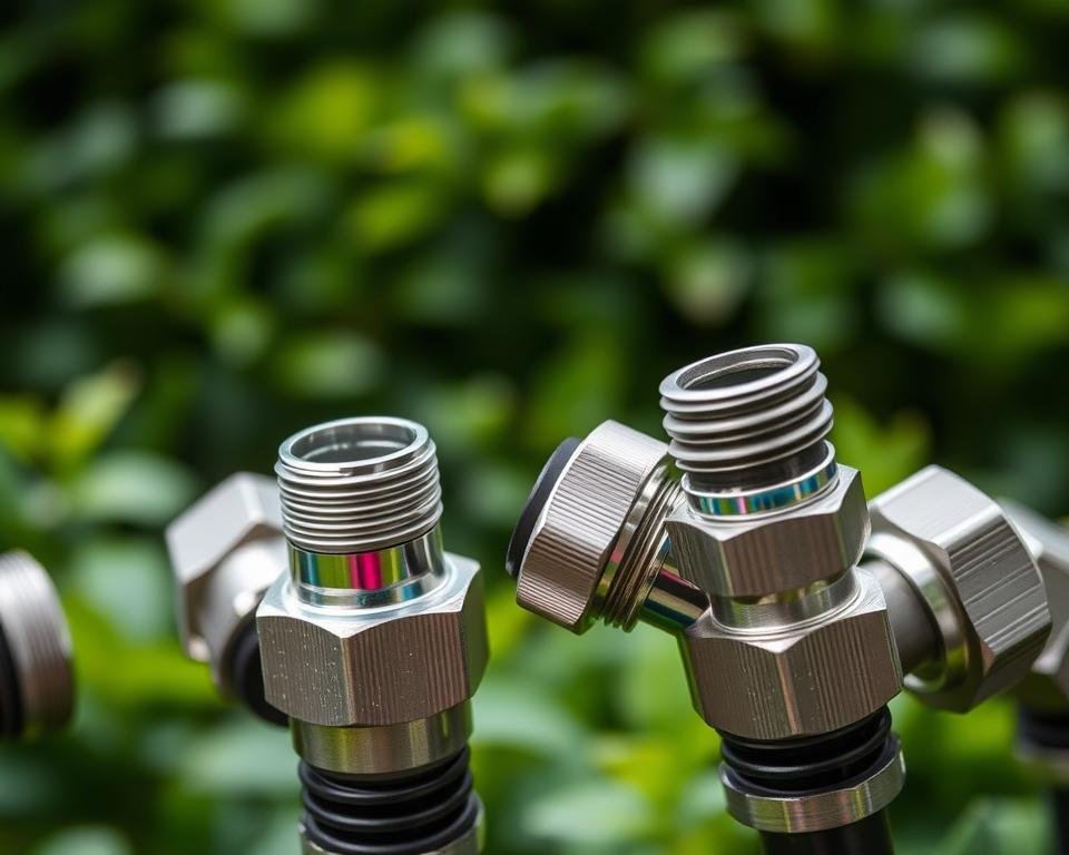 A close-up view of several sturdy garden hose quick connect fittings in the foreground, showcasing their durable construction and easy-to-use design. The fittings are made of shiny metal or plastic, with smooth surfaces and clearly visible threads or locking mechanisms. The middle ground features a lush, blurred green garden backdrop, creating a natural and organic setting. The lighting is soft and diffused, highlighting the clean lines and details of the fittings. The overall mood is one of practicality and functionality, reflecting the key features of these essential gardening tools.