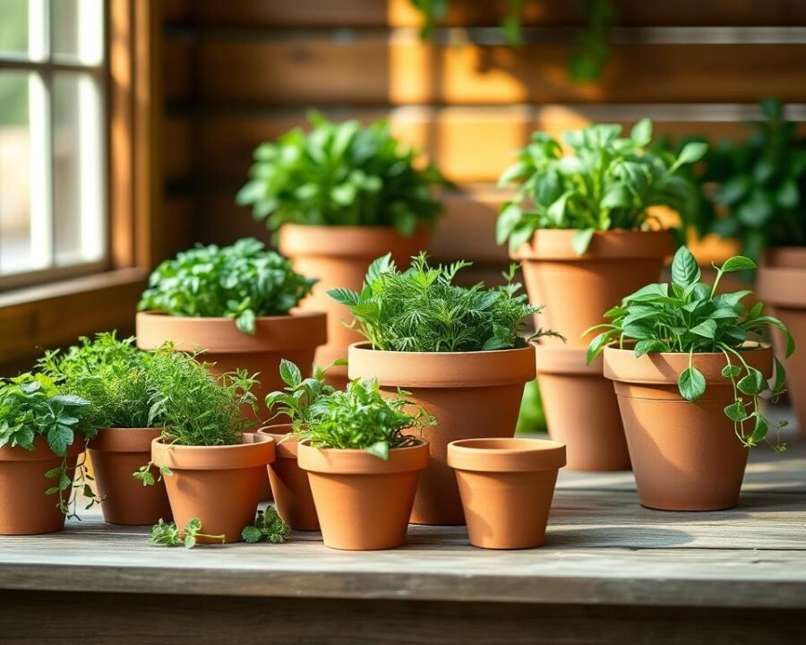 A collection of various sized terra cotta herb pots arranged on a wooden garden table, with lush green herbs spilling over the edges. The pots are illuminated by soft, warm natural light filtering through a window, casting gentle shadows across the scene. The pots range from small 6-inch round vessels to larger 12-inch square planters, showcasing the versatility of herb garden sizes. The overall mood is one of tranquility and the joy of cultivating fresh herbs. The camera angle is slightly elevated, providing a clean, uncluttered view of the harmonious display.