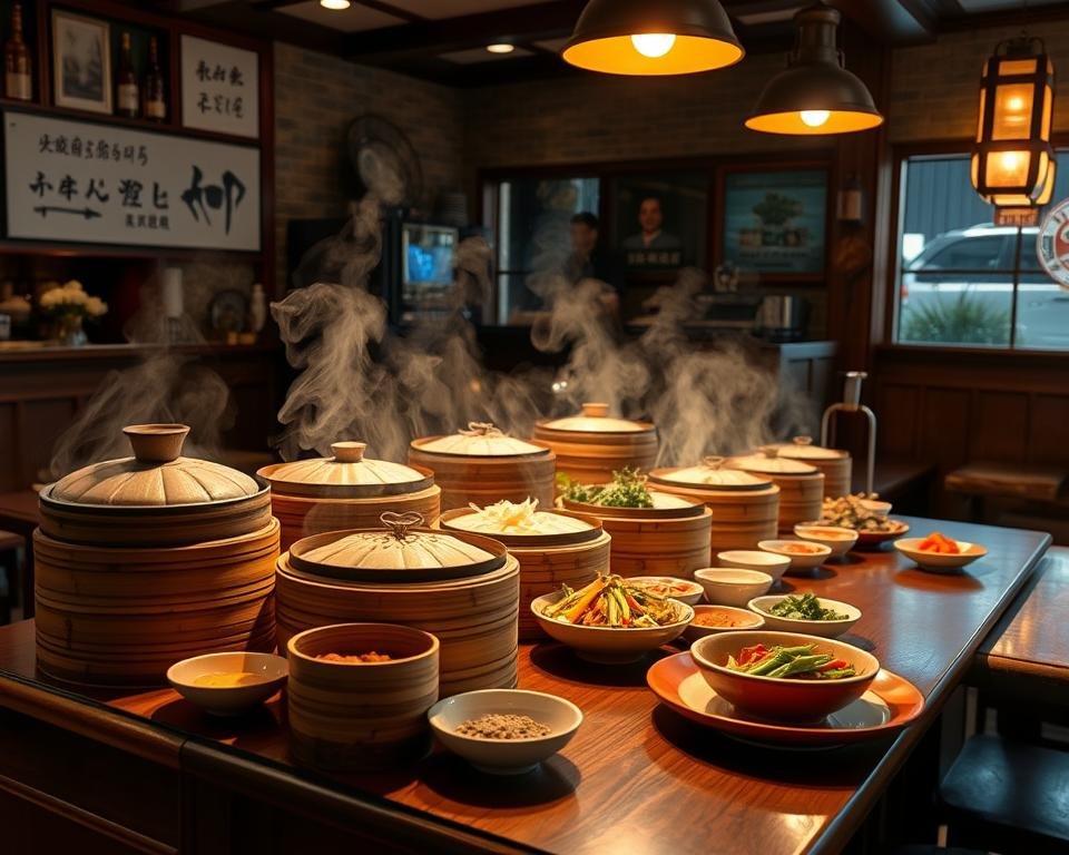 A cozy Chinese restaurant interior, with a wooden countertop displaying an array of freshly prepared lunch specials. Steaming bamboo steamers, fragrant spices, and vibrant vegetables capture the eye, inviting the viewer to imagine the savory flavors. Soft, diffused lighting casts a warm glow, creating an intimate, welcoming atmosphere. Wooden accents and traditional Chinese decor elements subtly hint at the restaurant's cultural heritage. The scene conveys a sense of hospitality and the promise of a satisfying midday meal.