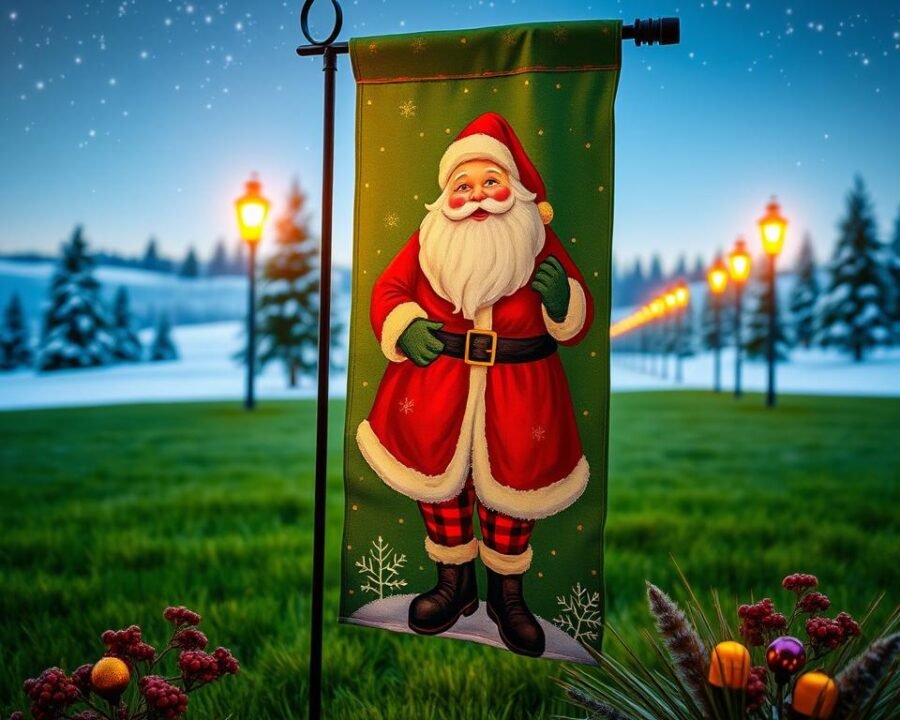 A cozy Christmas garden flag gently sways in the crisp, winter breeze. The vibrant, lush green field is adorned with a festive red and green pattern, creating a cheerful and inviting display. In the foreground, a detailed, hand-painted Santa Claus figure stands tall, his jolly face and twinkling eyes capturing the spirit of the season. Warm, soft lighting from nearby lampposts casts a golden glow, illuminating the scene and creating a peaceful, magical atmosphere. The background features a snow-covered landscape, with distant evergreen trees and a clear, starry sky, adding depth and a sense of tranquility to the composition. This charming Christmas garden flag is the perfect way to welcome guests and spread holiday cheer.