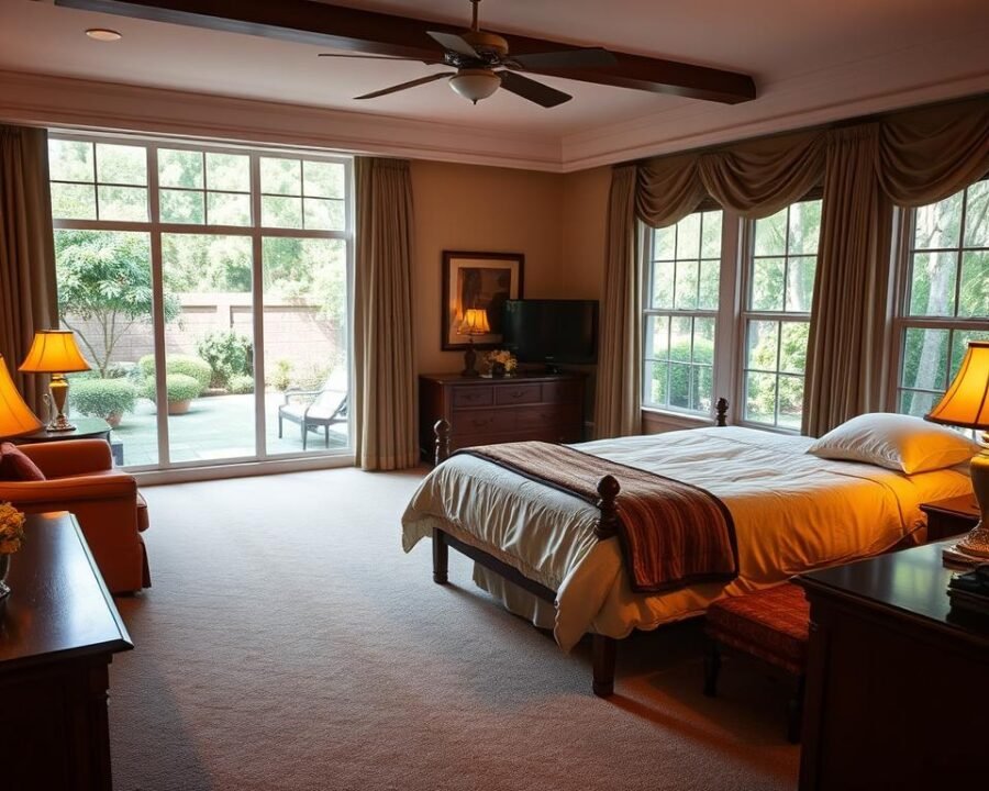 A cozy and inviting bedroom at the Naples Garden Inn, featuring a plush king-sized bed adorned with soft, luxurious linens. Warm, indirect lighting casts a gentle glow, creating a serene and relaxing ambiance. Elegant wooden furniture and tasteful decor complement the airy, spacious layout. Large windows overlook a lush garden, letting in natural light and offering a tranquil view. Plush carpeting underfoot and a cozy armchair in the corner contribute to the overall sense of comfort and relaxation. The room exudes a welcoming, homely atmosphere, perfect for a restful stay at the Naples Garden Inn.