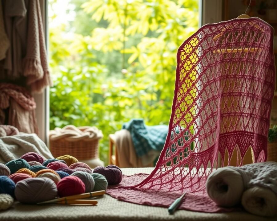 A cozy and inviting crochet pattern showcase, captured in soft, natural lighting. In the foreground, an assortment of vibrant yarns, crochet hooks, and a delicate, intricate shawl pattern unfurls. The middle ground features a selection of handmade crochet blankets, scarves, and accessories, each with their own unique textures and designs. In the background, a lush, verdant garden provides a serene, botanical backdrop, hinting at the boundless inspiration that nature can offer to the creative stitcher. The overall mood is one of warmth, craftsmanship, and a celebration of the art of crochet.