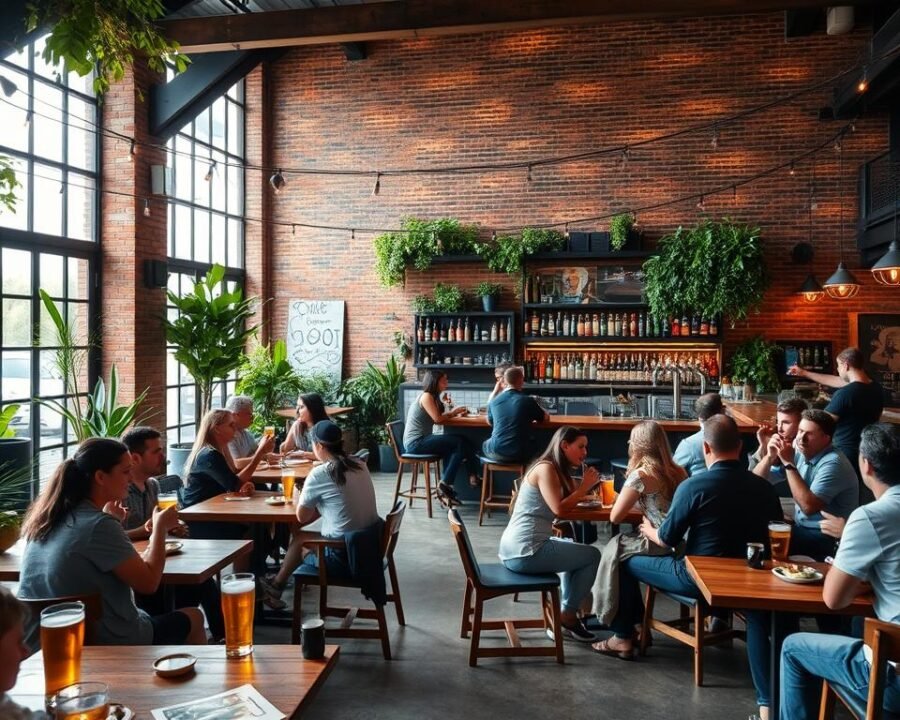A cozy and modern beer garden set in a warm, inviting atmosphere. In the foreground, groups of friends gather around wooden tables, sipping craft beers and enjoying small plates of delectable food. The middle ground features a well-stocked bar with an impressive selection of local brews on tap, surrounded by lush greenery and string lights that cast a soft, ambient glow. In the background, a towering brick wall provides a charming backdrop, while large windows allow natural light to flood the space. The overall scene exudes a relaxed, convivial vibe, perfect for an afternoon or evening of casual socializing and indulgence.