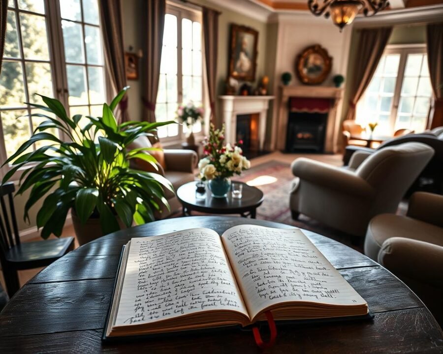 A cozy corner of the Naples Garden Inn, sunlight pouring through bay windows, illuminating a collection of handwritten guest reviews. The foreground features a rustic wooden table with an open journal, its pages adorned with heartfelt messages and sketches from delighted visitors. In the middle ground, a lush potted plant and a vase of fresh flowers add a touch of natural beauty. The background showcases the inn's elegant decor, with plush armchairs and a fireplace, creating a warm and inviting atmosphere. The overall scene conveys a sense of comfort, hospitality, and the deep appreciation guests have for the Naples Garden Inn's charming ambiance.