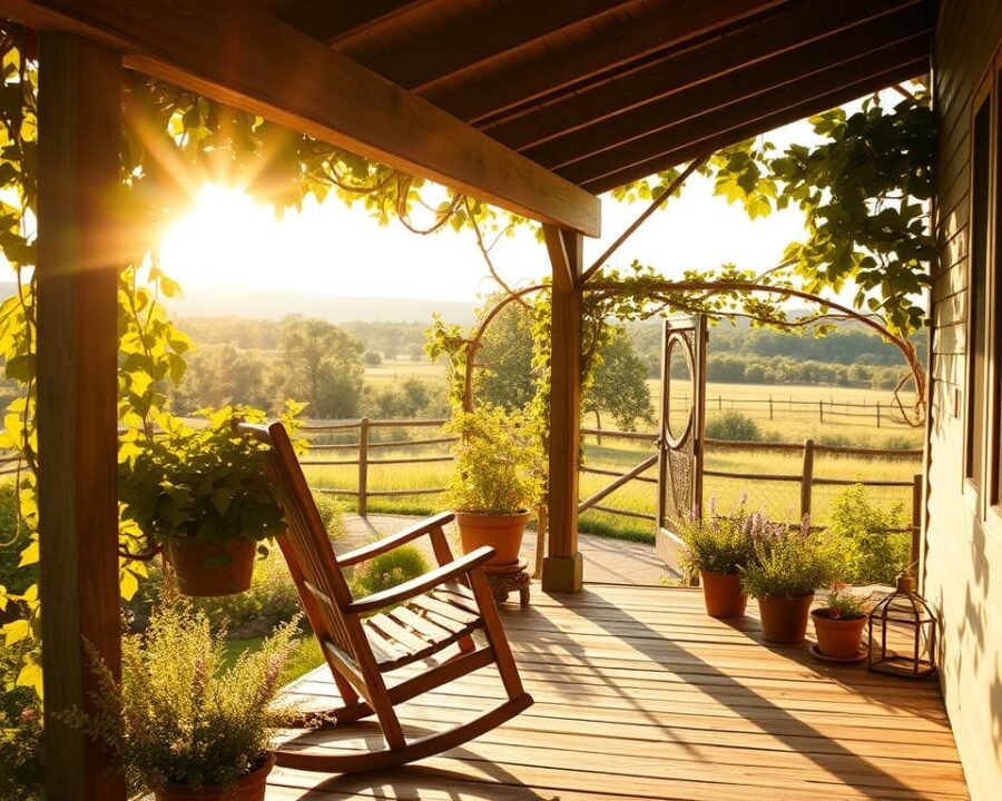 A cozy cottage porch nestled in the lush Hill Country, bathed in warm, golden sunlight filtering through the overhanging vines and trellises. A worn, wooden rocking chair beckons visitors to relax and take in the picturesque countryside view. Potted herbs and flowering plants line the porch's edges, their subtle aromas mingling with the fresh, earthy scents of the garden beyond. The porch's wooden beams and weathered siding radiate a rustic, inviting charm, perfectly complementing the tranquil, pastoral setting. A gentle breeze rustles the leaves, creating a serene, peaceful ambiance that invites guests to unwind and savor the moment.