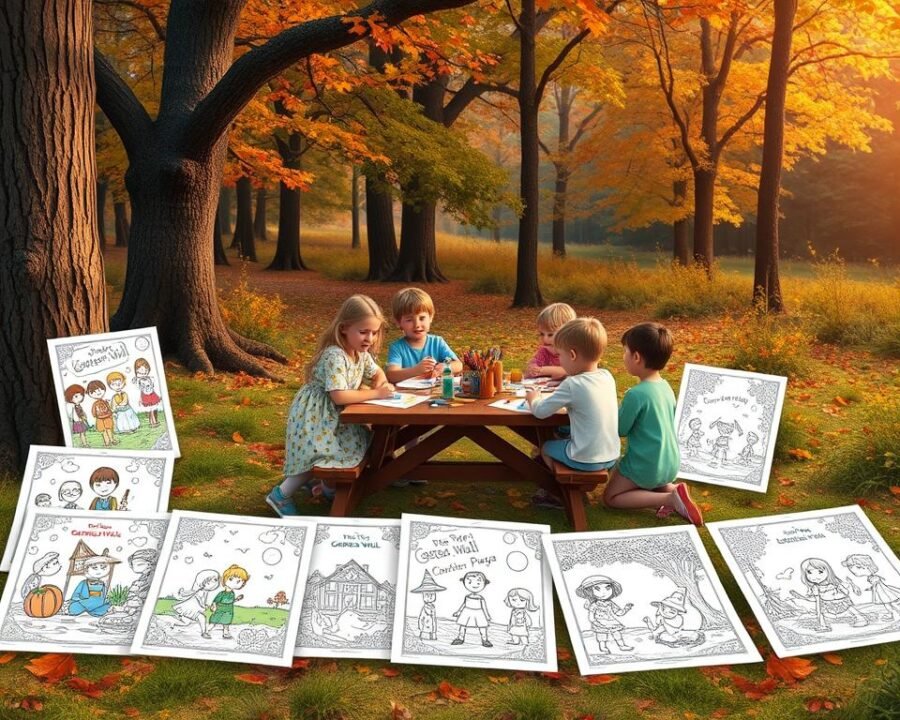 A cozy, enchanting scene of "Over the Garden Wall" coloring pages for different age groups. In the foreground, a collection of vibrant, whimsical pages with a variety of characters and scenes from the beloved animated series, each tailored to engage young minds of all ages. The middle ground features a group of children sitting around a picnic table, happily coloring and exploring the fantastical world of "Over the Garden Wall." The background showcases a lush, autumnal forest, with warm, soft lighting filtering through the trees, creating a peaceful, nostalgic atmosphere. The overall composition conveys the joy and creativity of discovering this beloved series through the timeless act of coloring.