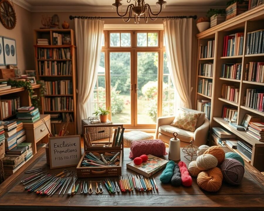 A cozy handcrafted scene in a charming sewing room. In the foreground, a wooden table displays an array of crochet hooks, colorful yarn skeins, and a small "Exclusive Promotions" sign. Soft natural light filters through sheer curtains, casting a warm glow on the artfully arranged items. In the middle ground, bookcases filled with sewing and needlework books line the walls. The background features a large window overlooking a serene garden, hinting at the "Stitchers Garden" theme. The overall atmosphere evokes a sense of calm creativity and inviting exclusivity.