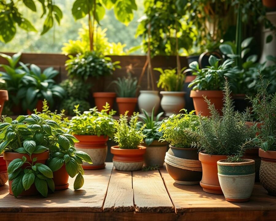 A cozy herb garden in artfully arranged containers, bathed in warm, diffused sunlight filtering through a canopy of lush greenery. Terracotta pots brimming with thriving basil, rosemary, and oregano, their fragrant leaves gently swaying. In the foreground, a weathered wooden table serves as a natural stage, showcasing the vibrant hues and textures of the potted herbs. The middle ground features a mix of ceramic, stone, and woven planters, each housing a unique variety, creating a harmonious display. Subtle shadows and soft highlights accentuate the organic forms, inviting the viewer to imagine the sights, scents, and tactile pleasures of this bountiful, indoor herb oasis.