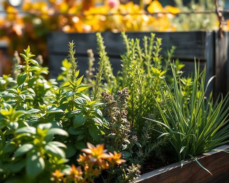 A cozy herb garden nestled in the changing seasons. In the foreground, vibrant basil, thyme, and rosemary plants thrive under soft, natural lighting. The middle ground showcases a variety of seasonal herbs like oregano, sage, and chives, their leaves gently swaying in a light breeze. In the background, a weathered wooden planter box is surrounded by autumnal foliage, hinting at the cycle of growth and renewal. The image conveys a sense of nurturing care and the harmony between human cultivation and nature's rhythms.