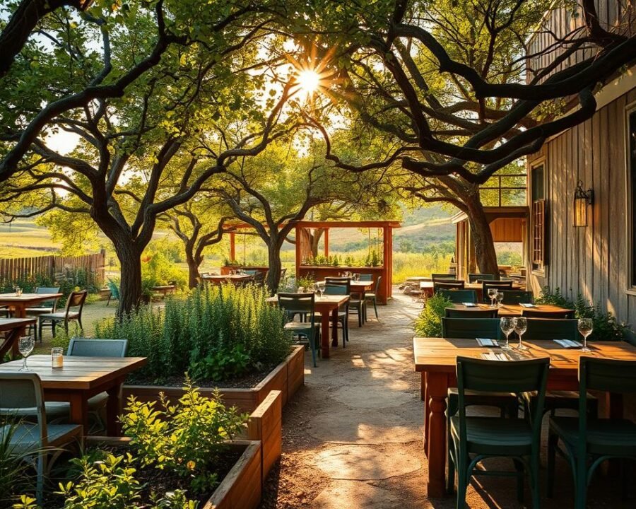A cozy herb garden restaurant nestled in the rolling hills of the Texas Hill Country. A lush, verdant oasis with raised garden beds brimming with fragrant rosemary, thyme, and basil. Wooden tables and chairs scattered throughout, dappled with warm, golden sunlight filtering through the canopy of trees. The enticing aroma of freshly prepared seasonal dishes wafts through the air, beckoning diners to indulge in a farm-to-table experience. A rustic, yet refined atmosphere, where the menu showcases the bounty of the garden. Wide-angle lens captures the harmonious blend of nature and culinary artistry, evoking a sense of serenity and wholesome nourishment.