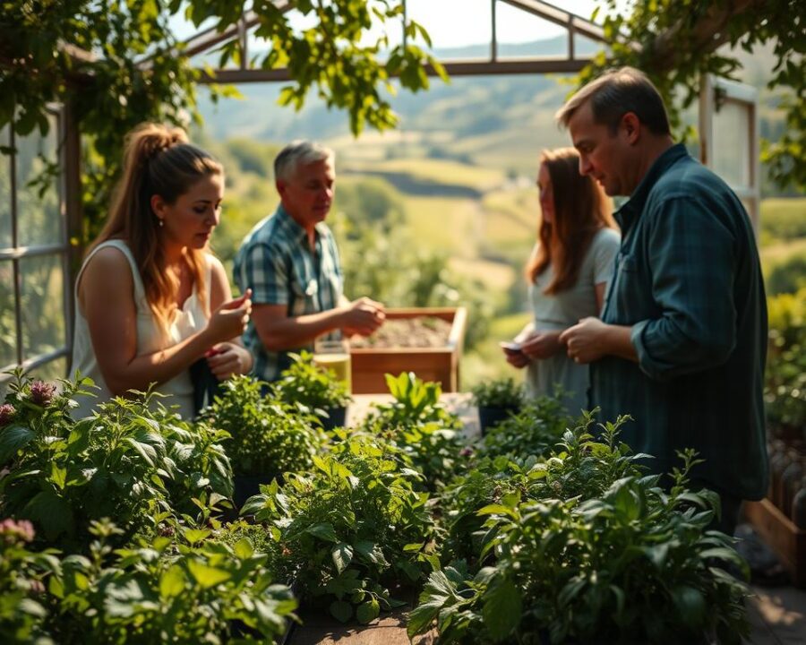 A cozy herb garden setting, with visitors gathered around a rustic wooden table, examining and discussing the vibrant greenery. Dappled sunlight filters through the lush foliage, casting a warm, natural glow. In the foreground, a variety of fresh herbs are neatly arranged, their aromas mingling in the air. In the middle ground, guests lean in, gesturing animatedly as they share their experiences and impressions. The background features a picturesque landscape, perhaps rolling hills or a charming greenhouse, creating a tranquil, inviting atmosphere. The overall mood is one of relaxation, appreciation, and a deep connection to the natural world. A cozy herb garden setting, with visitors gathered around a rustic wooden table, examining and discussing the vibrant greenery. Dappled sunlight filters through the lush foliage, casting a warm, natural glow. In the foreground, a variety of fresh herbs are neatly arranged, their aromas mingling in the air. In the middle ground, guests lean in, gesturing animatedly as they share their experiences and impressions. The background features a picturesque landscape, perhaps rolling hills or a charming greenhouse, creating a tranquil, inviting atmosphere. The overall mood is one of relaxation, appreciation, and a deep connection to the natural world.