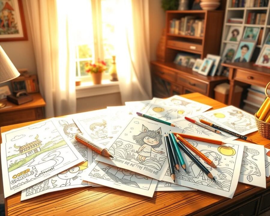A cozy home office, warm lighting casts a soft glow on a collection of hand-drawn, vibrant customer coloring pages sprawled across a wooden desk. The pages feature whimsical Over the Garden Wall characters in detailed, expressive poses, inviting the viewer to pick up colored pencils and add their own personal touches. Sunlight streams through a window, creating a serene, introspective atmosphere, as if the viewer is caught in a moment of peaceful creative reflection. The scene conveys a sense of inspiration, joy, and community surrounding the beloved cartoon world.