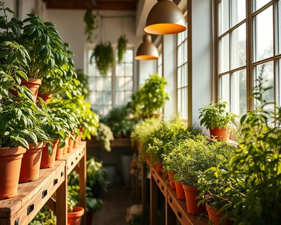 A cozy indoor herb garden, bathed in soft, natural light streaming through large windows. Lush, verdant plants in terracotta pots line sturdy wooden shelves, their leaves gently swaying. The air is filled with the earthy, aromatic scents of thriving basil, rosemary, and mint. Warm, indirect lighting from overhead fixtures casts a golden glow, creating a serene, inviting atmosphere. The camera angle is slightly elevated, capturing the entire scene with a sense of tranquility and abundance, perfectly suited for an article on growing herbs indoors year-round.