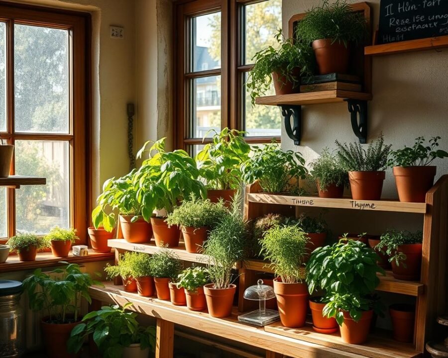 A cozy indoor herb garden setup with lush, vibrant plants arranged on a wooden shelving unit next to a large window. The sun streams in, casting a warm, natural glow on the terracotta pots and wooden accents. The herbs, such as basil, thyme, and rosemary, are neatly labeled and organized, creating a visually appealing and functional display. The space has a calming, earthy atmosphere, perfect for nurturing and harvesting fresh, aromatic herbs for cooking. A subtle vignette of a kitchen utensil or a small decorative item adds a touch of homely charm to the scene.