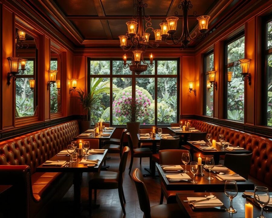 A cozy, intimate dining spot bathed in warm, golden lighting. Plush, tufted leather banquettes line the walls, creating a welcoming atmosphere. Candles flicker on each table, casting a soft, romantic glow. Intricate wrought-iron chandeliers hang overhead, their ornate designs reflecting in the polished wood floors. Through large windows, a lush, verdant garden can be seen, its vibrant greens and colorful blooms offering a tranquil outdoor view. The air is filled with the inviting aromas of freshly prepared, delectable dishes. This is a space that invites you to linger, to savor the flavors and ambiance of a truly exceptional dining experience.