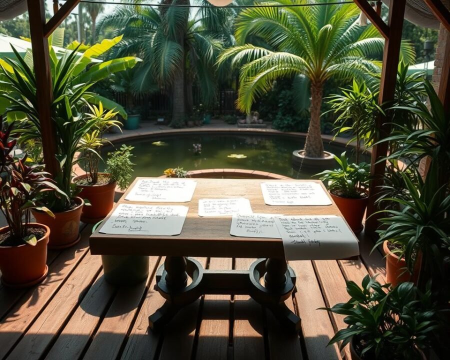 A cozy, inviting patio with weathered wood planks and lush potted plants surrounding a table adorned with handwritten customer reviews. Soft, natural lighting filters in, casting a warm glow on the genuine, heartfelt testimonials. In the background, a verdant garden scene with towering palm trees and a tranquil pond reflects the serene, nature-inspired atmosphere. The overall composition conveys a sense of authenticity, highlighting the personal experiences of satisfied customers within Lam's Garden's unique plant oasis.