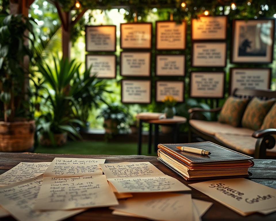 A cozy outdoor lounge area with lush greenery, a rustic wooden bench, and a stack of leather-bound notebooks on a small side table. Soft, warm lighting illuminates the scene, creating a welcoming and inviting atmosphere. In the foreground, various handwritten notes and sketches are scattered, reflecting the thoughtful and personal nature of the customer experiences. The middle ground features a collection of framed testimonials and positive reviews, showcasing the satisfaction of Stoneacre Garden's clients. The background blends seamlessly with the natural surroundings, hinting at the beautiful landscapes and design work of the company.