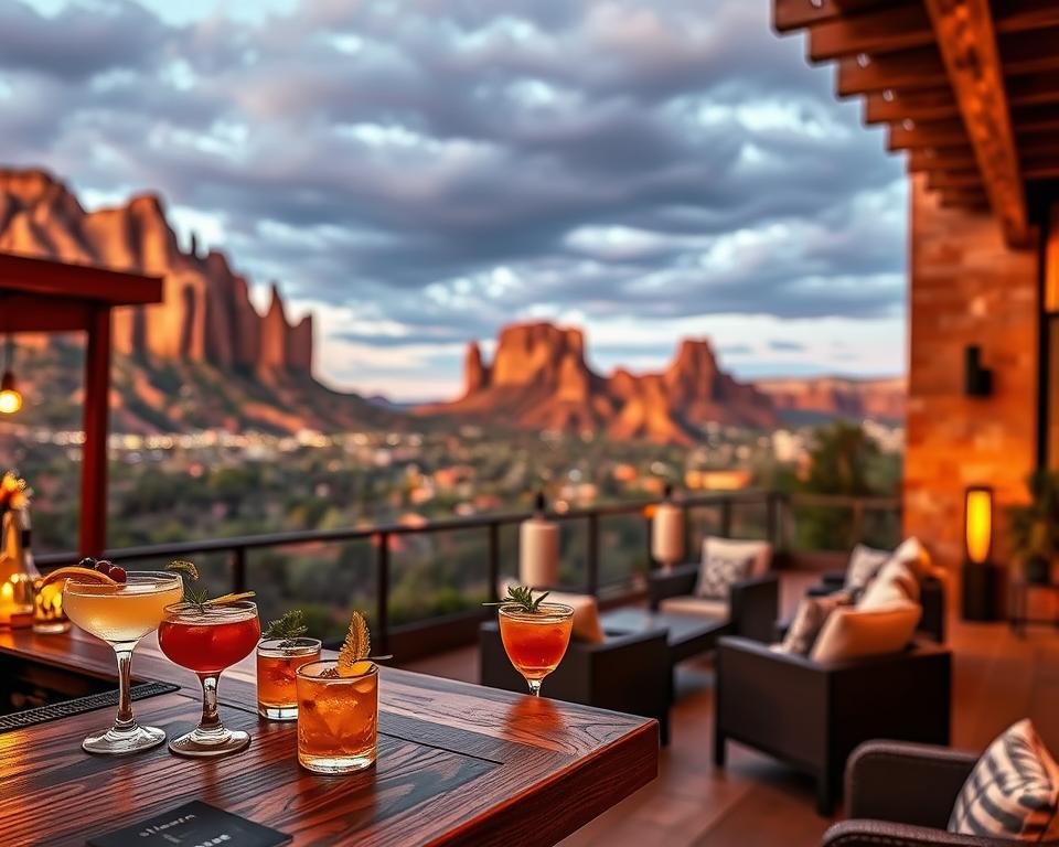 A cozy outdoor lounge with a breathtaking view of the majestic Garden of the Gods. In the foreground, a stylish wooden bar with a selection of expertly crafted cocktails, adorned with fresh garnishes and served in elegant glassware. The middle ground features plush seating arrangements, inviting guests to relax and soak in the serene ambiance. The background showcases the iconic red rock formations of the Garden, bathed in warm, golden-hour lighting that casts a magical glow over the entire scene. The atmosphere is one of refined sophistication, where guests can savor exceptional drinks while enjoying the stunning natural beauty that surrounds them.