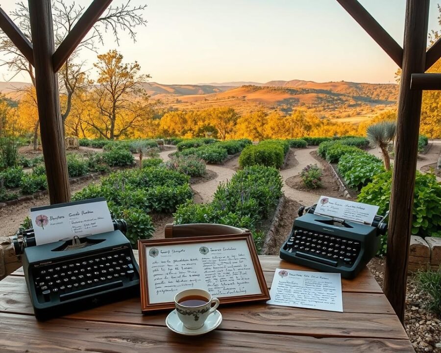 A cozy, rustic outdoor setting at the Hill Country Herb Garden showcasing handwritten guest reviews. In the foreground, a wooden table features framed reviews adorned with botanical sketches, accompanied by a vintage typewriter and a cup of steaming herbal tea. The middle ground displays lush, vibrant herb gardens with winding paths, while the background features a picturesque hill landscape bathed in warm, golden-hour lighting. The atmosphere evokes a sense of relaxation, authenticity, and appreciation for the natural beauty of the garden.